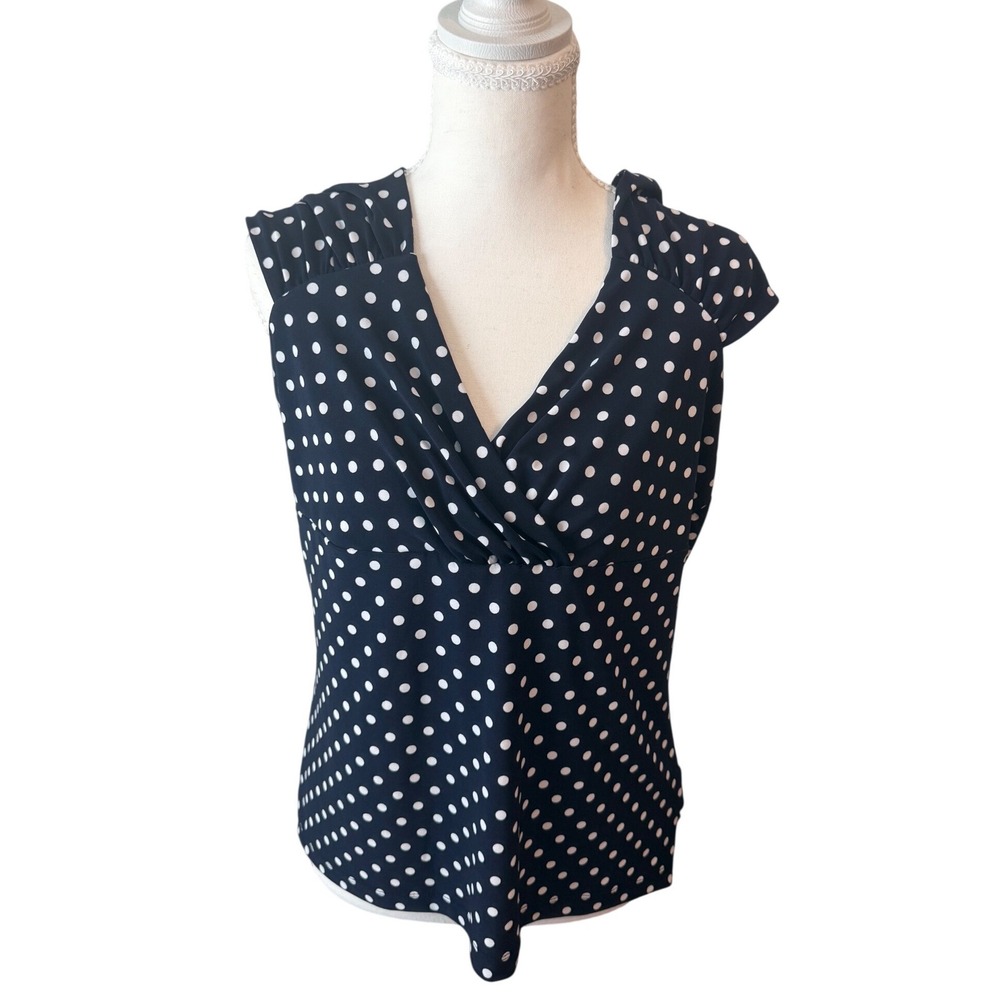 Chaps Womens XL Navy Blue Polka Dot Surplice V-Neck Sleeveless Blouse Top